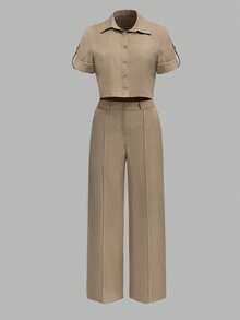 ANCHOSE Women's Khaki Short Turndown Collar Button Cuff Shirt + High Waist Elastic Waist Wide Leg Pants Set, Minimalist Casual Commuter Style, Spring/Summer - Khaki - View 2