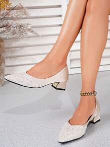 2026 Primavera/Verano Zapatos de tacón de punta francesa, Mocasines de tacón medio con decoración de rhinestones y perlas, Zapatos náuticos elegantes de talla grande - Albaricoque - Ver 9