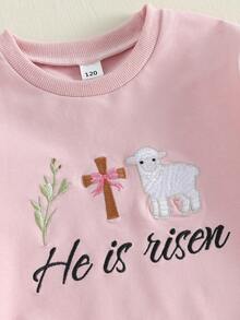 Conjunto de 2 piezas de sudadera de manga larga con cuello redondo bordado y pantalones acampanados estampados para niña pequeña de Pascua - Rosa - Ver 9