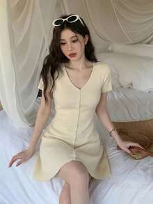 V-Neck Short Sleeve Knit Dress, Fitted A-Line Sweater Dress, Sexy Minimalist Style, Spring/Summer - Apricot - View 6