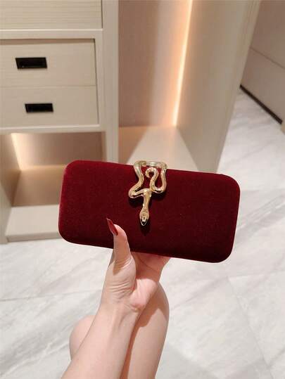 1pc Luxury Shiny Metal Snake Decor Clutch Bag, Glamorous Vintage Gold Box-Shaped Mini Purse, Fashionable, Charming, Exquisite, Elegant Ladies' Handbag For Evening Use, Suitable For Wedding/Themed Formal Party/Prom/Cocktail/Birthday Gathering, Comes With Chain