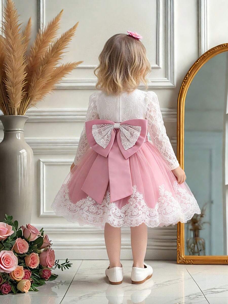 女婴蕾丝薄纱露背蝴蝶结优雅可爱花童礼服，适合婚礼、派对和生日穿着，不含头饰 - 藕粉色 - 查看 1