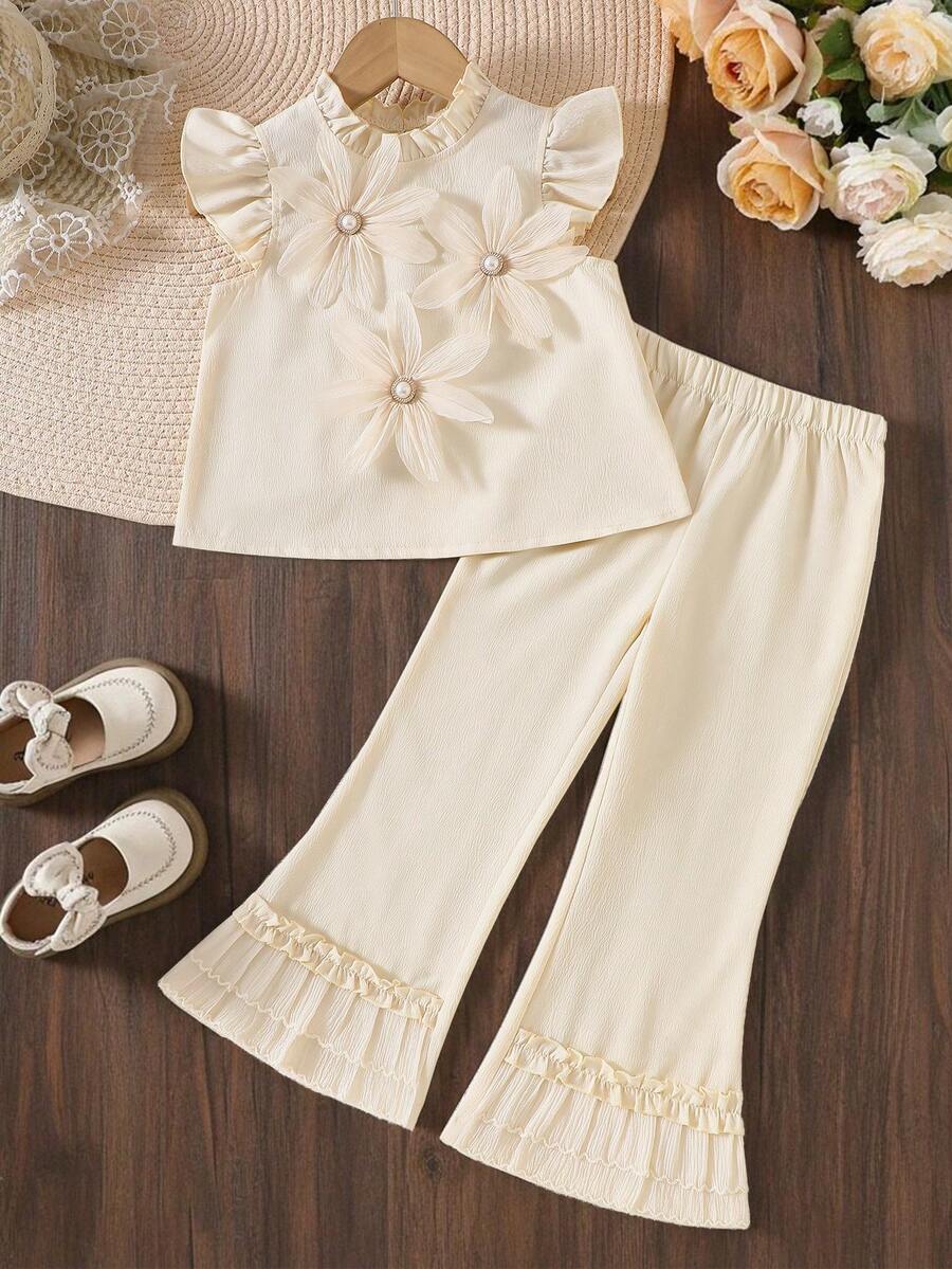 Young Girls Spring/Summer 3D Pearl Flower Cap Sleeve Top + Lace Hem Flared Pants Elegant Sweet 2-Piece Set - Apricot - View 1