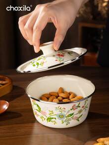 1 pieza Tazón de arroz con tapa con diseño esmaltado, tazón de sopa, tazón para fideos instantáneos, tazones esmaltados, material metálico resistente a los arañazos, apto para lavavajillas, artículos de cocina esenciales para cocinar en casa y comidas de camping - Cuenco esmaltado - Ver 5