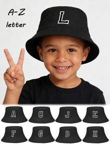 1pc Kids Y2K Style 26 Letter Pattern Fashion Bucket Hat, Multifunctional Sun Hat Suitable For Girls Casual Outdoor School Gift, Spring/Summer - Black - View 1