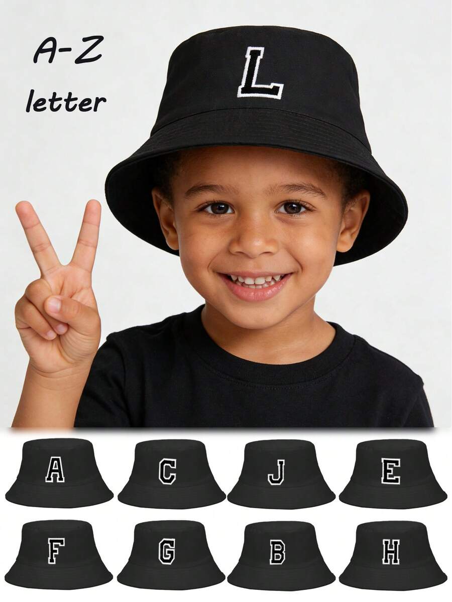 1pc Kids Y2K Style 26 Letter Pattern Fashion Bucket Hat, Multifunctional Sun Hat Suitable For Girls Casual Outdoor School Gift, Spring/Summer - Black - View 1