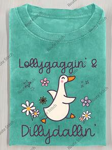 Duck Flower Text Happy Printed T-Shirt, High-Quality Batik Cotton Retro Fashion Brand T-Shirt, Women's T-Shirt, Women's Autumn T-Shirt, Halloween Christmas Gift, Holiday Gift Washed Cotton Women's Short Sleeve - 果綠色 - 查看 1