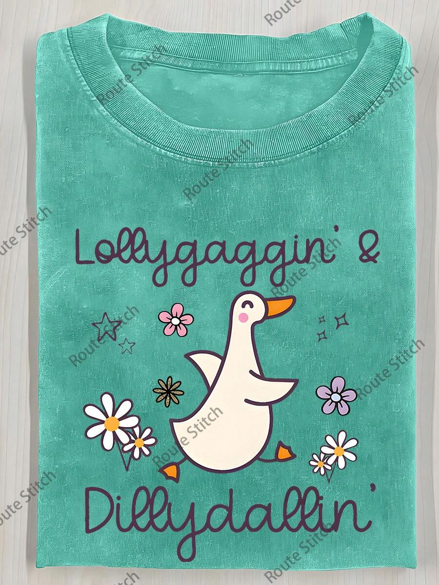 Duck Flower Text Happy Printed T-Shirt, High-Quality Batik Cotton Retro Fashion Brand T-Shirt, Women's T-Shirt, Women's Autumn T-Shirt, Halloween Christmas Gift, Holiday Gift Washed Cotton Women's Short Sleeve - 果綠色 - 查看 1