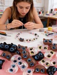 1/2/7/10/20/30/50颗装 多色可爱大眼睛小黑猫树脂珠，适用于DIY手链项链首饰制作材料 - 貓咪 - 查看 7