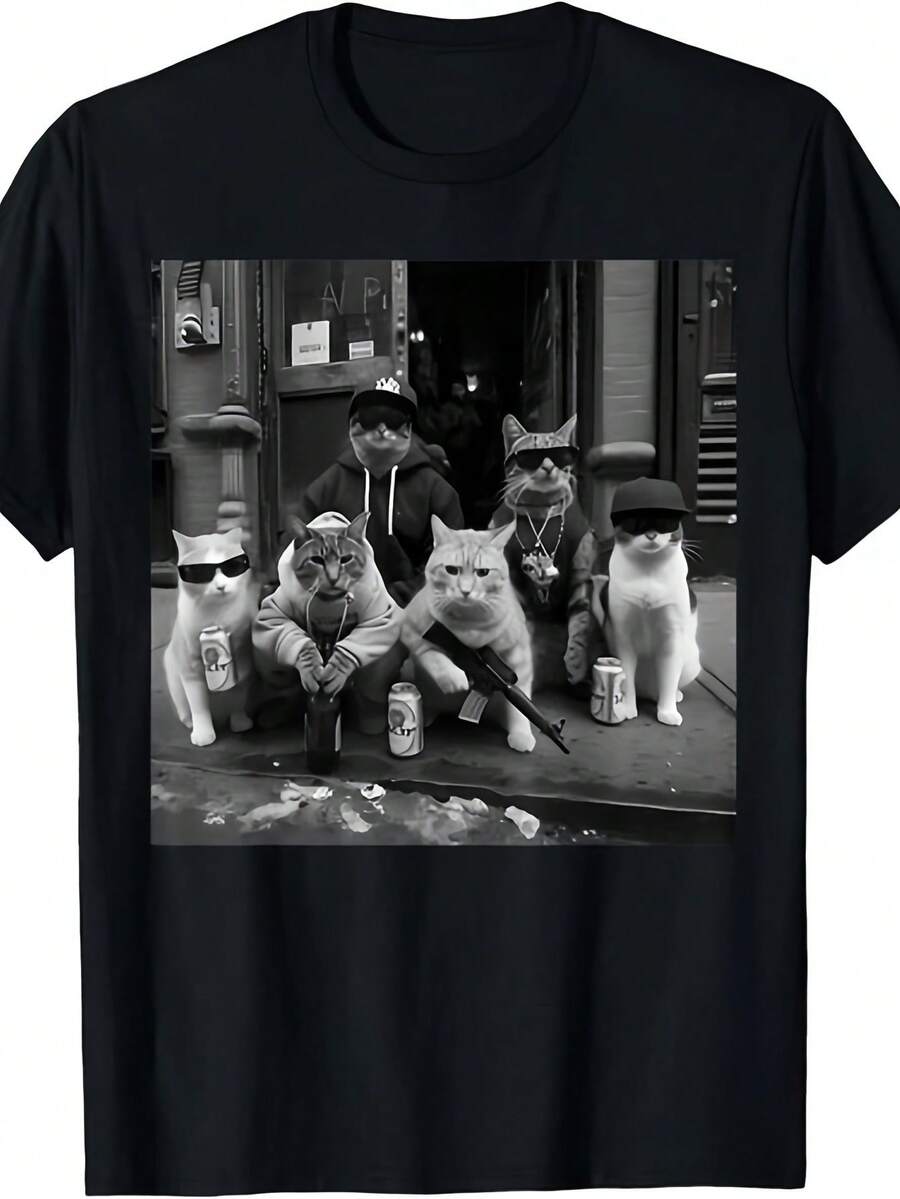 Funny Gangster Cats Street Animal Design Funny Unisex T-ShirtSame Style For Men And Women 2025 Summer Short-Sleeved Printed T-Shirt Pure Cotton 220G - Đen 3 - Xem 1