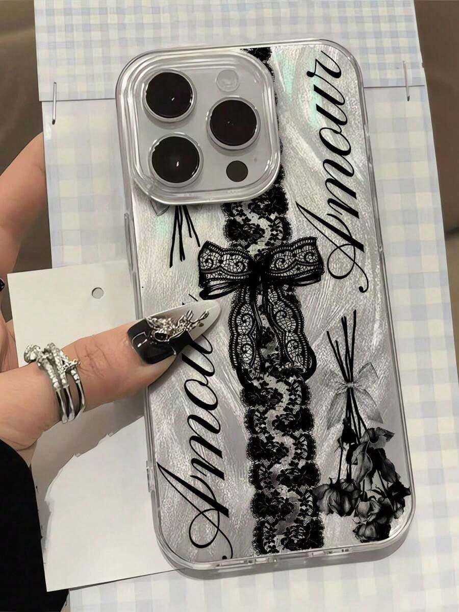 1pc Fashionable Korean Style Lace Flower Slogan Graphic Aesthetic Feather Laser Waterproof Anti-Fingerprint Anti-Scratch Transparent IMD Soft Glossy Smooth Phone Case Compatible With IPhone 16 ProMax/16/16 Pro/16 Plus/15/15 ProMax/15 Pro/11/12/13/14 ProMax/11 ProMax/12 Pro/12 ProMax/13 Pro/13 ProMax/14 Pro/14 ProMax, Chic & Creative - 款式4(1pc) - 查看 1