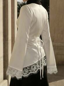 优雅缎面阿拉伯长袍上衣，饰有蕾丝边，穆斯林风格长袖衬衫 - 白色 - 查看 2