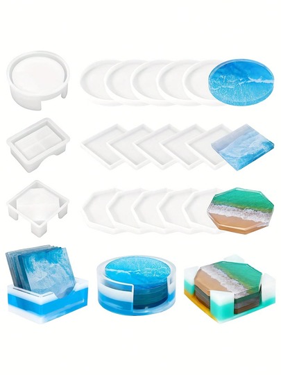 1Set Coaster Resin Molds Silicone, Coaster Molds With Round Square Octagon Shape Holder Molds, Coaster Silicone Molds For Epoxy Resin, DIY Art Craft Cup Mats