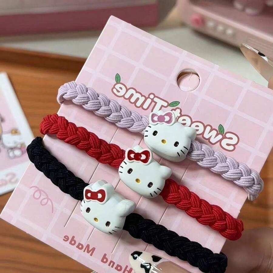 Sanrio 2 pezzi di accessori per capelli di alta qualità Hello Kitty tricolore, accessori per capelli semplici in gomma per la ragazza, fascia elastica per coda di cavallo, adatta come regalo di compleanno, accessori da viaggio, matrimoni, San Valentino, inizio scuola, feste di vacanza - Fumetto - Visualizzare 1