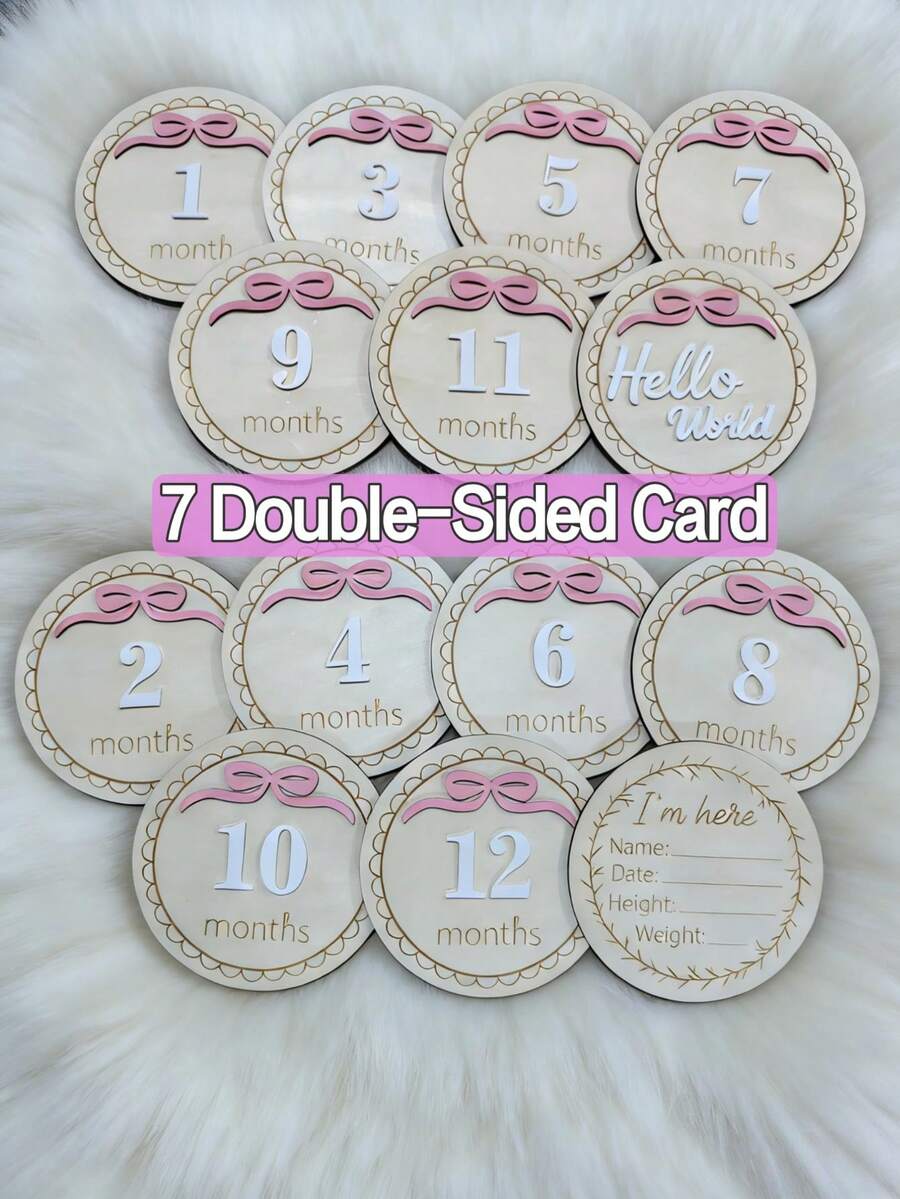 Set de 7 piezas Tarjetas de hitos mensuales para bebé de doble cara, letreros de anuncio de nombre recién nacido del mundo, tarjetas de hitos mensuales de madera de 1 a 12 meses, letreros de recién nacido de madera, adecuado para nuevos padres y baby shower, regalo para mamás embarazadas, letreros de bienvenida para recién nacidos - Multicolor - Ver 1