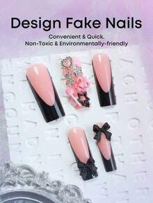 24 piezas Pegatinas de uñas rectangulares extra largas de lujo, decoradas con mariposas doradas 3D y patrones de rhinestones, tonos cálidos de champán, cobertura completa, adecuadas para mujeres, niñas, fiestas, baile, fáciles de aplicar y retirar - Multicolor 14 - Ver 4