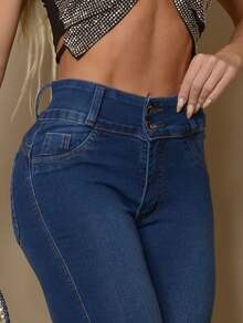 Calça Jeans Detalhada Gladiadora Escura de Cos Largo Premium Com 2 Botão New Vintage - Azul - Visão 3