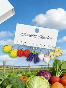 10pcs/30pcs New Crossborder Dopamine Realistic Vegetable Series Resin Earring Set - Funny & Cute Pumpkin, Ginger, Eggplant, Pea, Peanut Earrings, Women Accessories - Multicolor - View 7