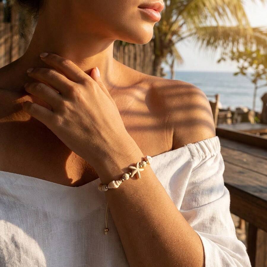 1pc Bohemian Style Starfish & Seashell Beaded Adjustable Macrame Bracelet, Summer Beach Jewelry Gift For Friends & Girlfriends - Multicolor - View 1