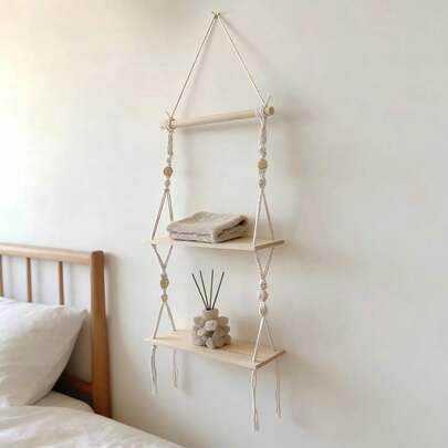 1 件套手工编织壁挂，波西米亚风格墙面装饰收纳架，带 2 个置物架，客厅/卧室背景墙收纳架，流苏纤维艺术手工编织蕾丝双层木板整理架 - 不含装饰品