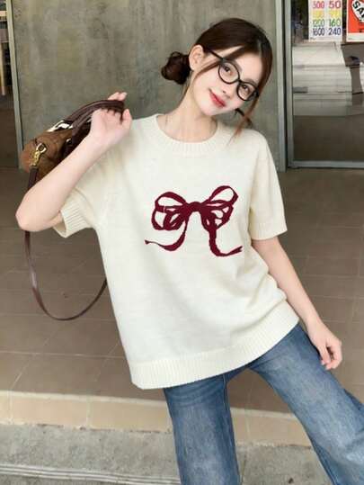 Graphic Print Short Sleeve Knit Top For Women, Lightweight, Loose Fit, Cropped, Summer