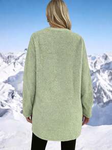 Women's Round Neck Long Sleeve Pocket Furry Long Tops, Autumn/Winter - Green - View 3