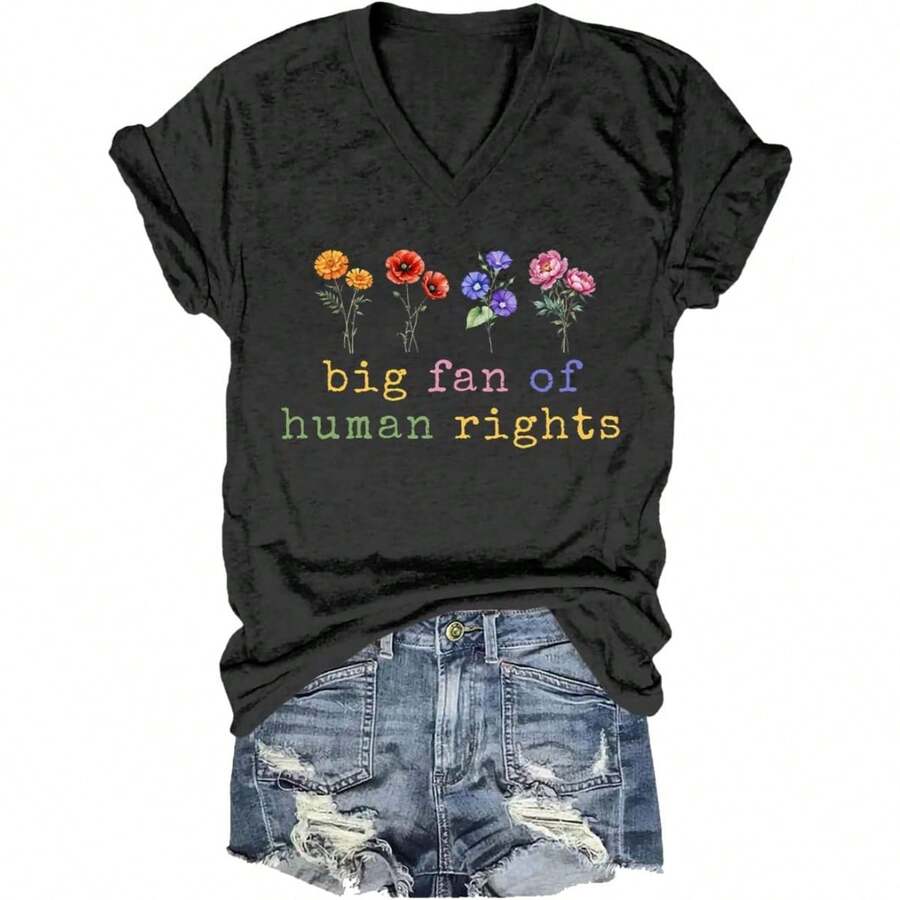 Big Fan Of Human Rights Shirt Men Women Graphic Short Sleeve Shirt T-Shirt Tees - 黑色 - 查看 1