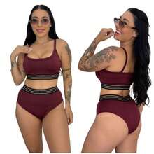 Conjunto Biquíni Top de Alcinha + Calcinha Alta Com Elástico Vazado Forrada Verão Piscina Praia Feminina Ano novo Natal - Vinho - Visão 2