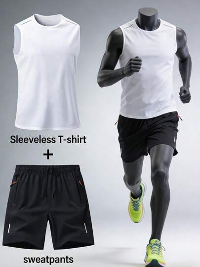 Bộ đồ thể thao nam màu trơn gồm áo ba lỗ và quần short, thích hợp cho tập luyện mùa hè, thoải mái, thoáng khí, nhanh khô, rộng rãi, thích hợp cho tập gym và tập luyện.