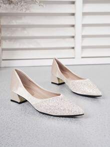 2026 Primavera/Verano Zapatos de tacón de punta francesa, Mocasines de tacón medio con decoración de rhinestones y perlas, Zapatos náuticos elegantes de talla grande - Albaricoque - Ver 3