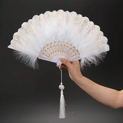 A Feather Fan, Stylish And Retro, Made With Beautiful Plastic Fan Ribs And Feathers, With Gold-Plated Edges, Handcrafted And Foldable, Decorated With Large Jade Lotus Flowers, Used For Performances, Runway Shows, And Dance Decorations