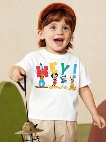 Disney Adorable "HEY!" Letter Mickey & Friends Print T-Shirt, Infant & Toddler Soft & Skin-Friendly Breathable Cotton Short Sleeve Top - 白色 - 查看 1