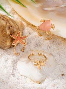 3件套海玻璃海龟和海星戒指，沙滩风海洋生物饰品，适合搭配比基尼泳装度假佩戴 - 彩色 - 查看 4