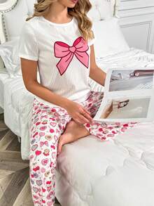 两件套女士春夏蝴蝶结印花上衣和爱心印花睡衣套装，短袖长裤睡衣套装 - 淺粉色 - 查看 4