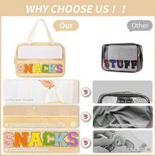 Chenille Letter Patch Makeup Bag, Preppy PVCNylon Makeup Bag With Handle And Zipper, Waterproof Large Clear Travel Toiletry Bag Storage Bag Women - Beige-sNACKS - View 5