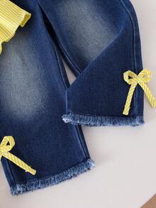 2pcs Baby Girl Sweet & Fresh Striped Ruffle Back Button Half-Placket Bow Strap Top And Bowknot Frayed Waist Elastic Waist Denim Pants Set - Yellow - View 9