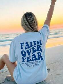 1pcs Plus Size Women's T-Shirt, Printed With "FAITH OVER FEAR" And Bible Verse Designs On The Back, Suitable For Church Services, Religious Activities - 藍色 - 查看 5