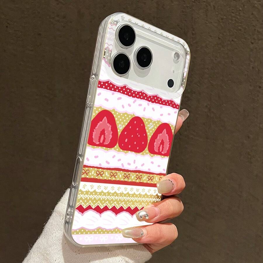 奶油草莓蛋糕蕾丝蝴蝶结手机壳，兼容 17/16/15/14/13/12/11 Pro Max/16e/17 Air/X/XR/XS Max/7/8 Plus，可爱少女风防震保护套，送给女孩和女士的礼物 - 粉色 - 查看 1