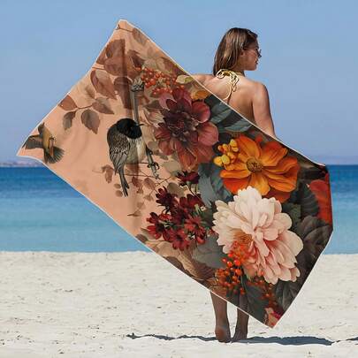 1 pieza Toalla de playa con estampado floral, toalla de baño altamente absorbente, adecuada para baño, natación, fitness, yoga, toalla de microfibra suave y cómoda, ligera y portátil, protección contra el viento y el sol, a prueba de arena, ideal para viajes de verano, vacaciones, decoración de baño