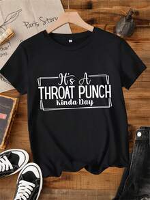 Black T-Shirt With "It'S A Throat Punch Kinda Day" Print |   Casual Wear, All-Season, Drawing Pattern With Applique Details   Graphic Short Sleeve Top,Valentine's Gift Casual Tee,Green Shamrock Print Tee - 黑色 - 查看 7