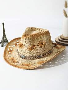 1Pc Unisex Colored Stones Decor Dyeing Printed Cowgirl Hat Summer Travel Shade Breathable With Beaded Trim Band Hand Woven Hollow Out Wide Brim Handmade Boho Cowboy Hat Beach Hat Sun Hat Straw Hat - Màu be - Xem 2