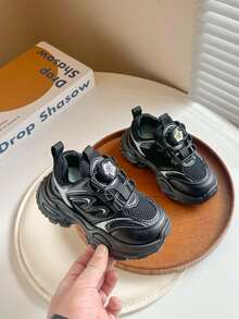 1 Pair Kids Breathable Mesh Sneakers, Convenient Rotary Buckle Design, Soft Sole, Suitable For Boys And Girls, All Seasons - Black - View 5