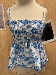 Spaghetti Strap Top With Foliage Print And Front Frunce - 藍色 - 查看 2