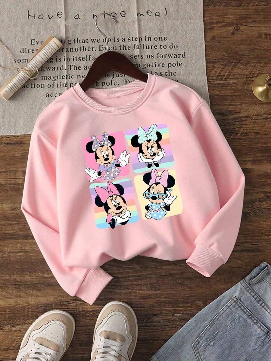 1pc Disney Minnie Mouse Vibrant Multi-Expression Character Art Tween Girl Whimsical Cozy Sweatshirt, Comfortable & Versatile, Perfect For Hangouts And Family Outings - Hồng - Xem 1