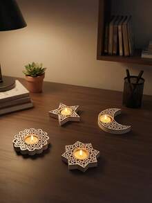 1件斋月月亮/星星烛台，木质和金属烛台套装，装饰烛台，适用于餐桌、家居装饰、房间装饰、派对和节日装饰，饰有星星、月亮和灯笼图案——送给朋友和家人的完美礼物。 - 彩色 - 查看 5