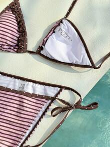 Sultry Sol Đồ bơi bikini nữ, họa tiết sọc chấm bi giản dị, màu nâu, thời trang cho các buổi đi chơi/tập thể dục/thường ngày/phong cách Y2K/những năm 2000/thanh lịch/cổ điển/thời trang đường phố/kỳ nghỉ/lễ hội âm nhạc/tiệc bể bơi, mùa hè 2026. - nâu hồng - Xem 8
