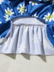 Vestido para mascotas con efecto de mezclilla, con estampado floral de margaritas sonrientes y volantes en el bajo, para gatos y perros - Azul - Ver 7