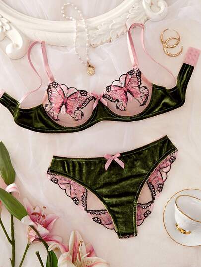 女士可调节肩带文胸内裤套装（2件套），蝴蝶图案内衣，舒适半透明性感内衣套装