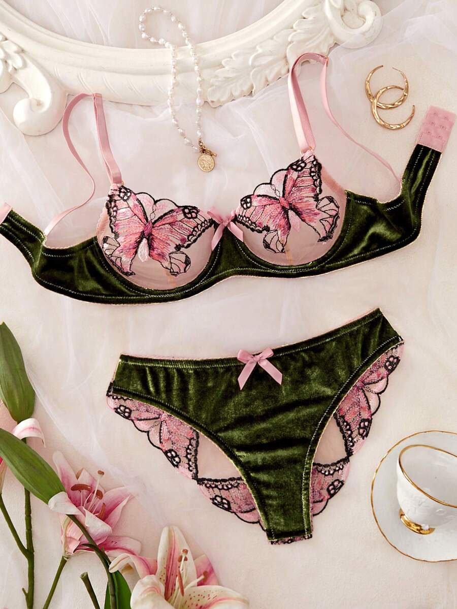 女士可调节肩带文胸内裤套装（2件套），蝴蝶图案内衣，舒适半透明性感内衣套装 - 墨綠色 - 查看 1