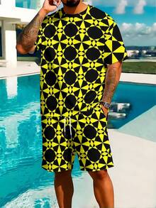 Two-Piece Casual Style Knitted Fabric Vivid Lively Men's Set For Daily Commute & Outdoor Activities, Summer Yellow Black Geometric All-Over Print Loose Short Sleeve Beach Shorts Set - Nhiều màu - Xem 2